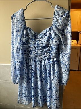 Crystal Doll Blue Floral Ruched Long-Sleeve Mini Dress